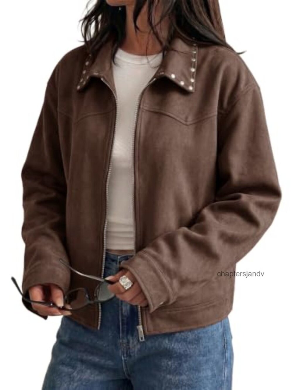 Studded Faux Suede Cropped Jacket Women's Long Sleeve Casual Zip-Up Coat